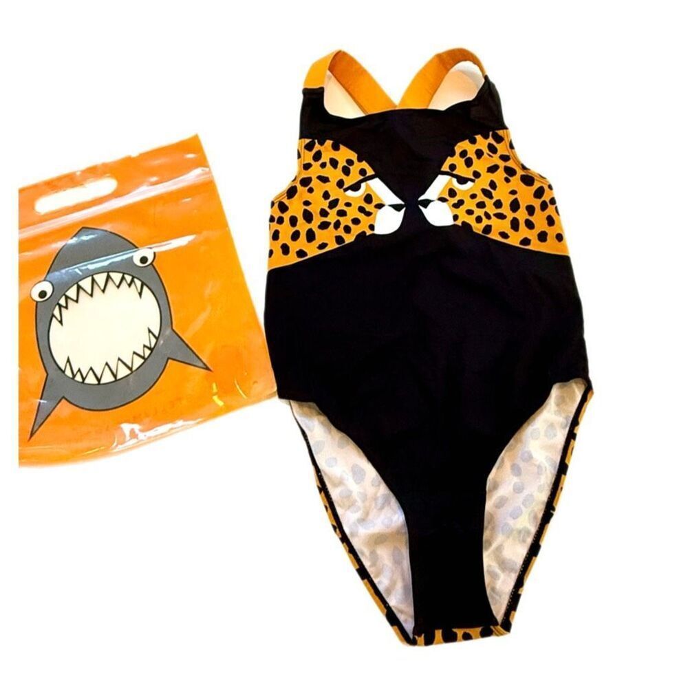 NWT Stella McCartney Kids black and yellow cheetah-print one-piece swimsuit.  Si